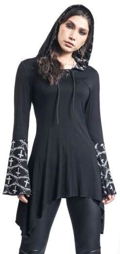 "Gothicana X Anne Stokes - Schwarzes Langarmshirt Mit Schnürung, Print Und Großer Kapuze" Langarmshirt Schwarz Von Gothicana By EMP -Forbunrs Geschaft 496213wa