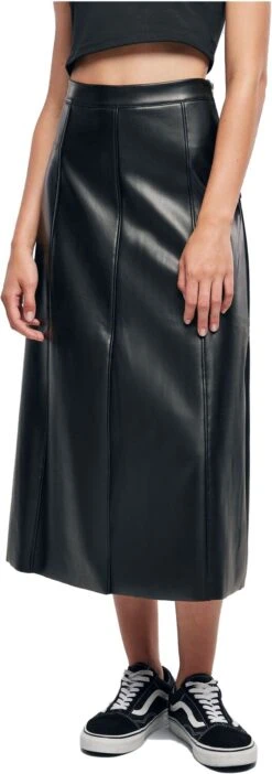 "Ladies Synthetic Leather Midi Skirt" Langer Rock Schwarz Von Urban Classics
