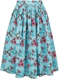 "Louella Skirt" Mittellanger Rock Blau/pink Von Hell Bunny