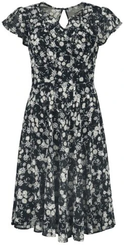 "Floral Emb Chiffon Flutter Sleeve Flare Dress" Mittellanges Kleid Schwarz/weiß Von Voodoo Vixen